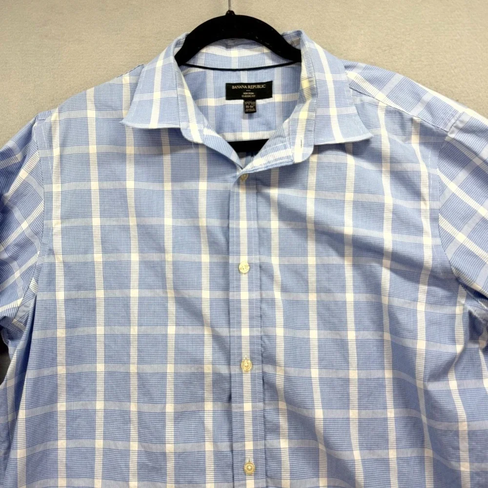 Banana Republic Dress Shirt Mens 17/17.5 Blue‎ White Plaid Non-Iron Classic Fit